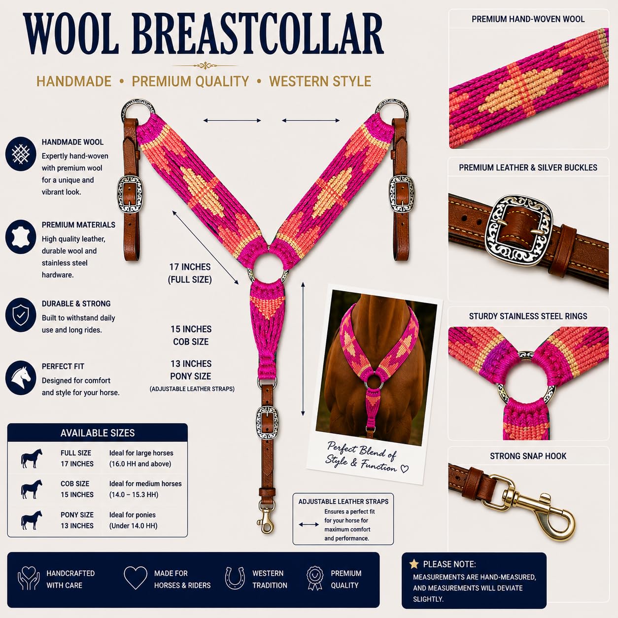 Cheval's International Western Mohair Pferde-Brustgeschirr, handgefertigtes Woll- & Leder-Reitsattelzubehör, verstellbar, langlebig
