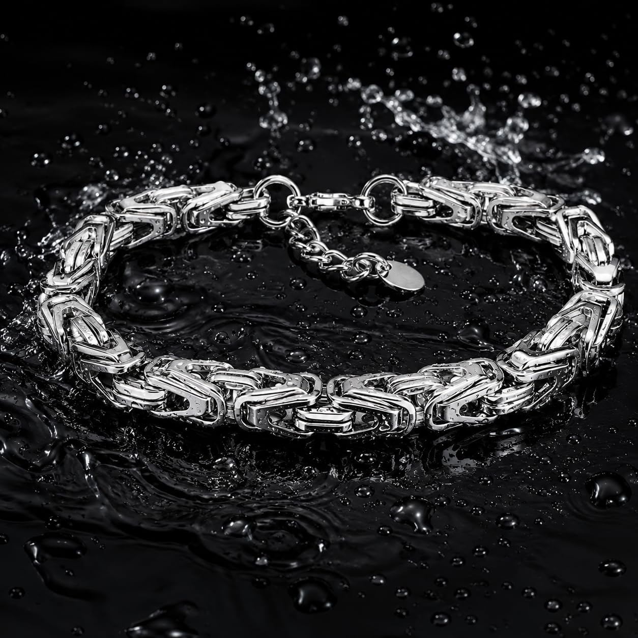 SAGA GIOIELLI Bracciale Uomo in Acciaio Inossidabile Lucido 7 mm, Catena Bizantina Elegante, Lunghezza Regolabile 19,5 + 5 cm, Bracciale Anallergico Resistente all’Acqua, Idea Regalo Uomo