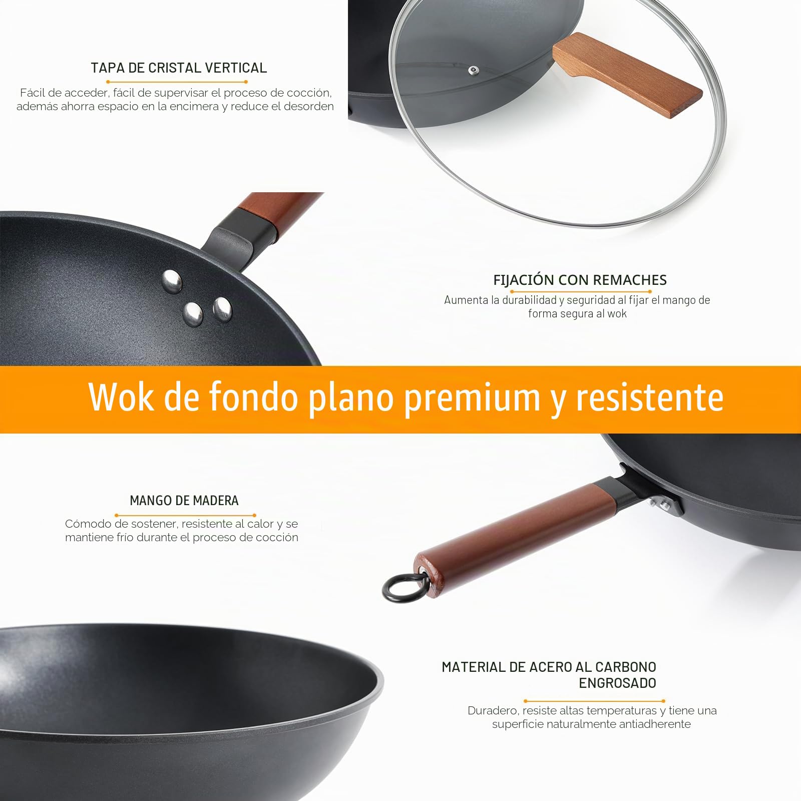 Kordisen Wok Antiadherente 33 cm/5,6 L con Tapa, Sin Revestimiento Químico, Precurado Wok, Apto para Inducción, Eléctrico y Gas
