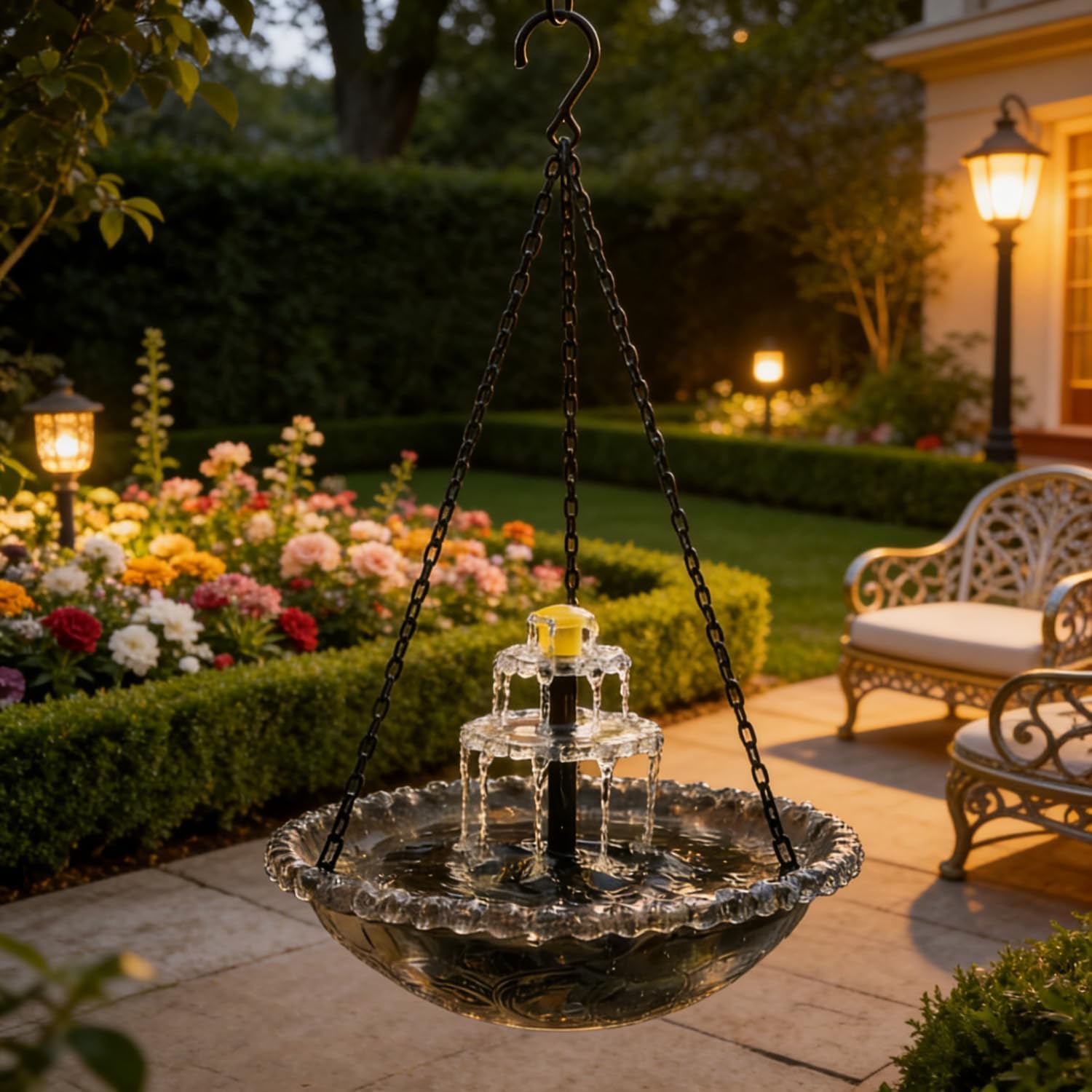 2026 Solar Cascade Hanging Bird Bath Fountain, 3 Layers Outdoor Water Feature for Hummingbirds, 9.3" Glass Basin with Solar Powered Pump, Attract Wild Birds to Garden, Patio (Gray)
