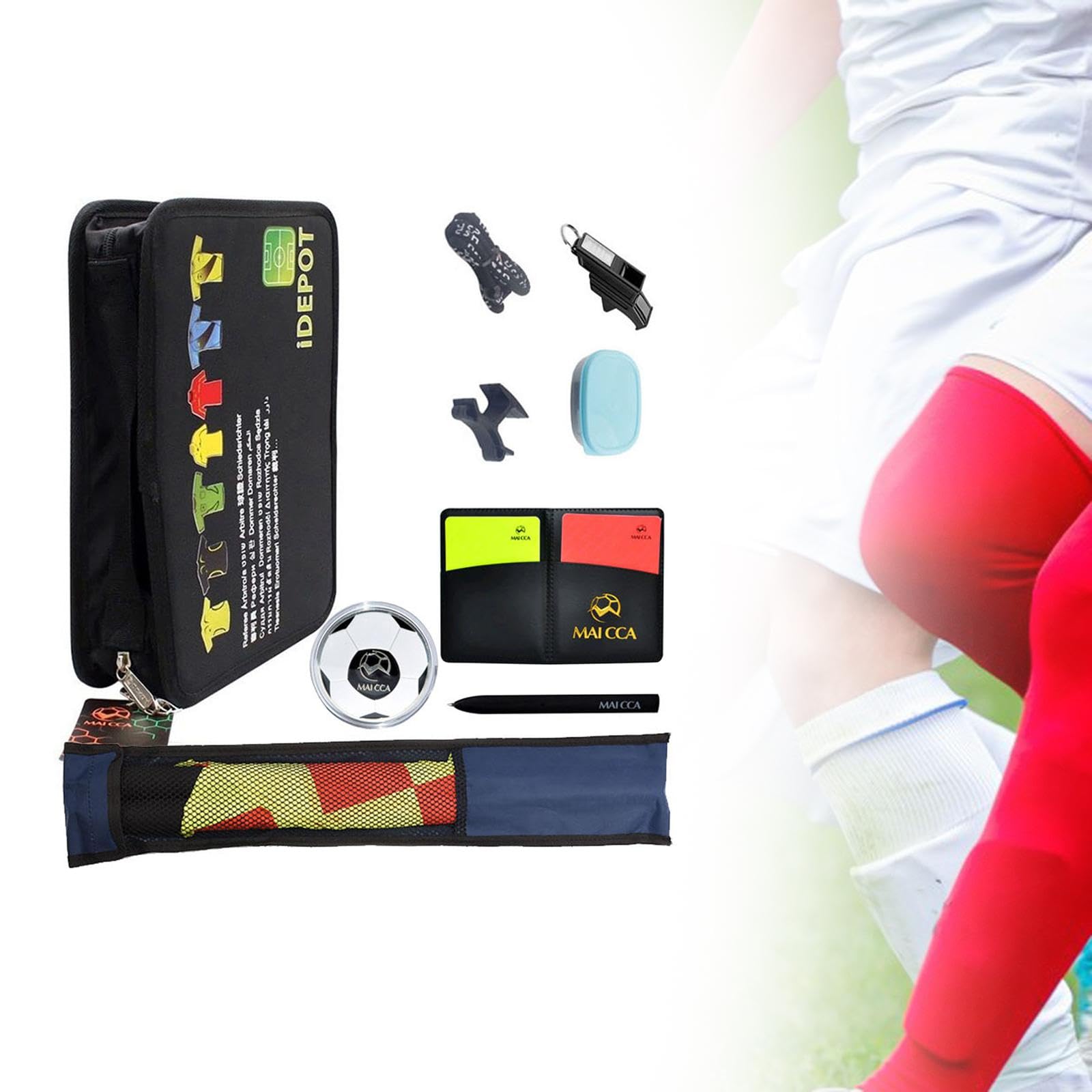 Soccer Referee Pouch Borsa Accessori Arbitro con Chiusura Lampo Fischietto Professionale Bandiera Linea Cartellini Rossi E Gialli Materiale Super