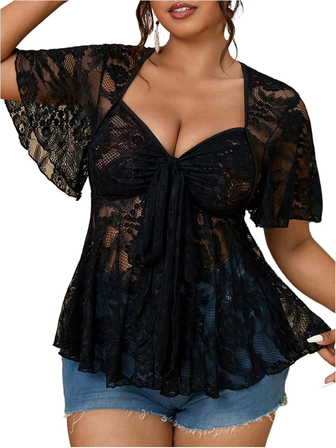 SweatyRocks Women's Plus Size Short Sleeve Sheer Mesh Lace Tie Knot Flowy Peplum Ruffle Top Blouses