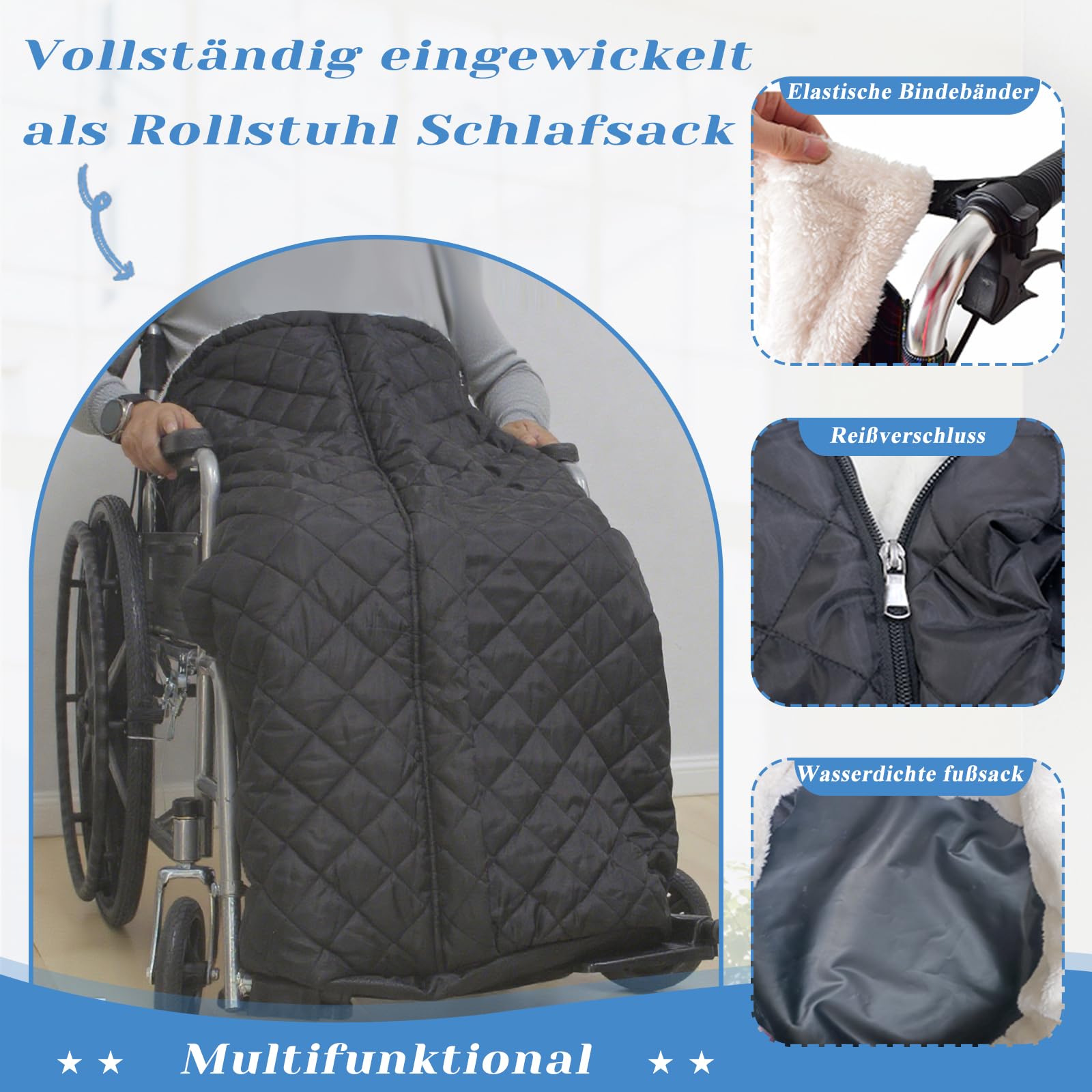Rollstuhl Fußsack | Fusssack für Erwachsene Rollstuhl | Rollstuhlsack Winter Rollstuhl Schlupfsack Wintersack für Erwachsene | Rollstuhldecke Beindecke Kniedecke mit Reißverschluss Outdoor (blau)