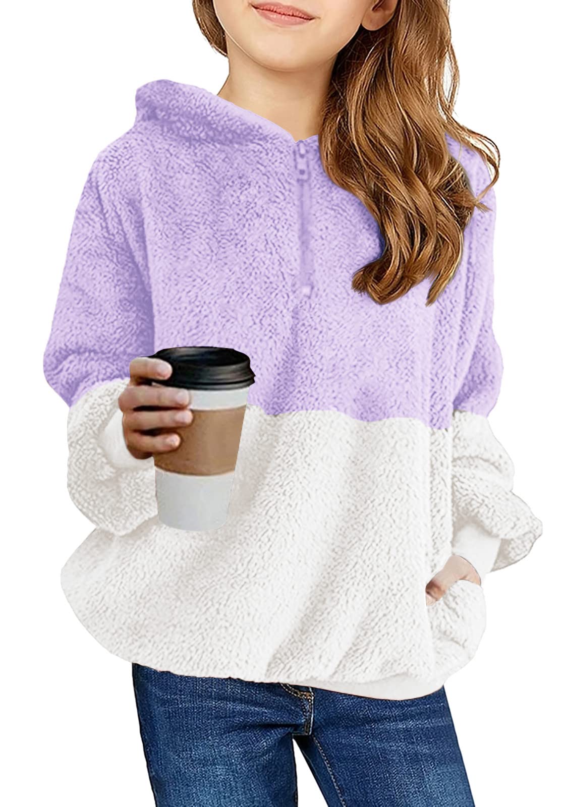 Haloumoning Girls Fuzzy Fleece Pullover Hoodies Sweatshirt Kids Casual Loose Outwear Coat with Pockets 4-15 Years, A-purple, 12-13 Years