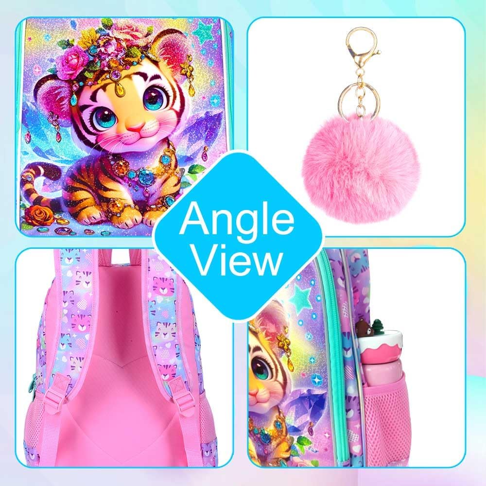 3Pcs Backpack for Girls, 16" Kids Bookbag with Lunch Box,Tiger School Backpacks for Elementary Preschool Kindergarten (Pink) - Image 7