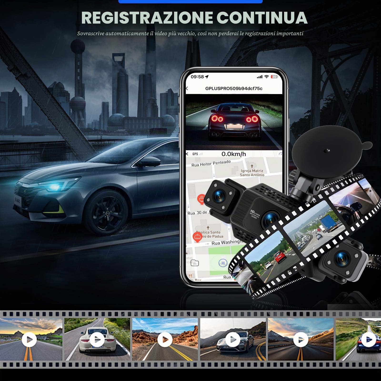 Dash Cam Auto 360 Gradi 4 Canali 1080P, Schermo 3 Pollici | Dash Cam Tutto Intorno con WiFi/64GB/G-Sensor/Telecamera Posteriore/Visione Notturna/Registrazione in Loop