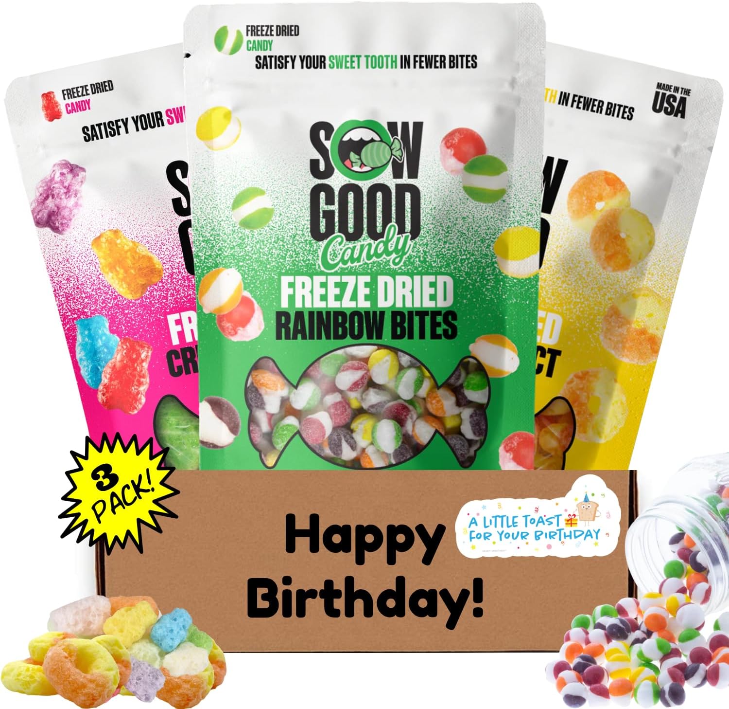 Hangry Kit Birthday Snack Box - Happy Birthday Gift Basket Care Package - Contains Birthday Freeze Dried Candy, May Include Freeze Dried Skittles, Sweet Squares, Sour Worms & Other Varieties. Party Variety Gift Box.