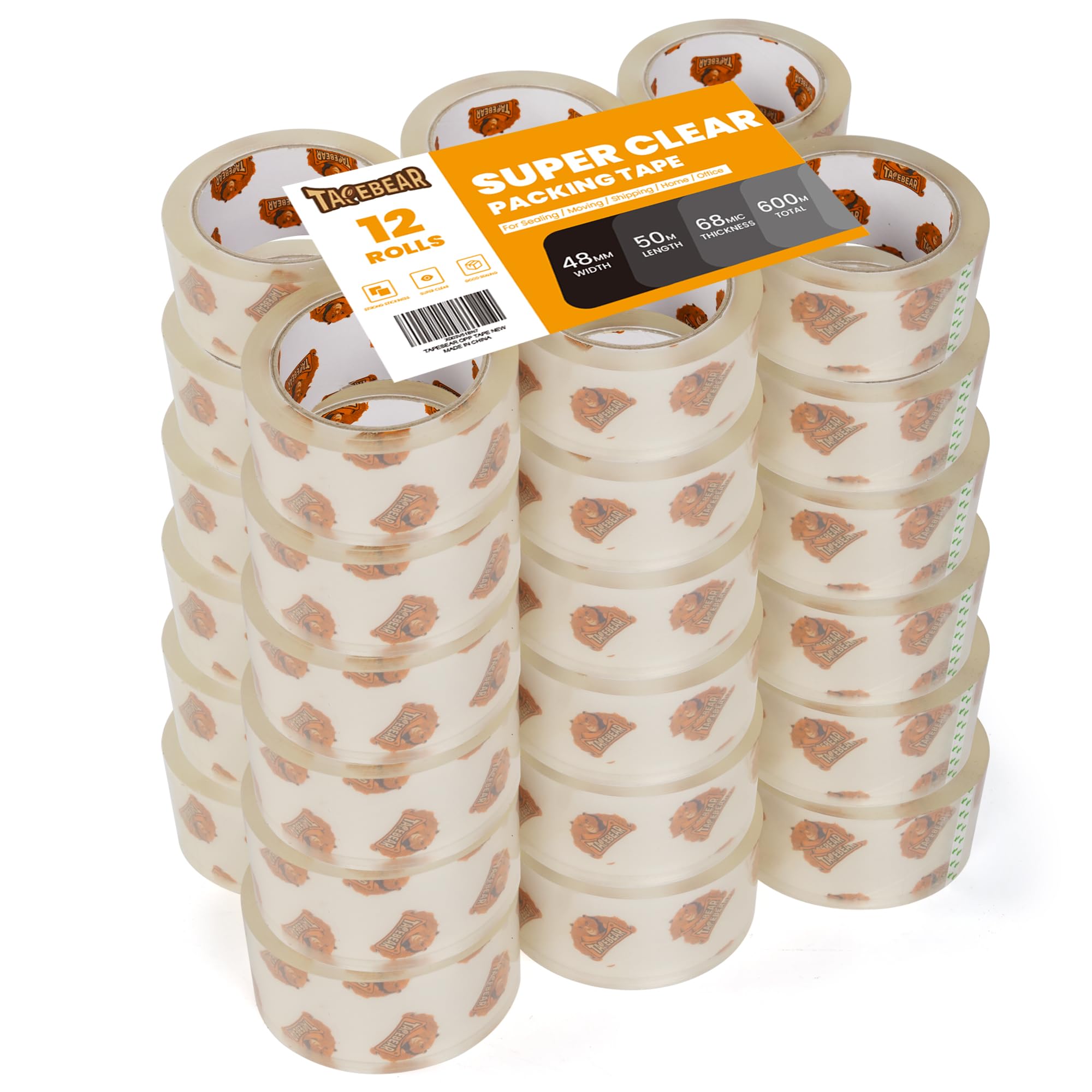 TAPEBEAR Storage Packaging Tape 36 Rolls, Super Clear 2.7mil x 1.88" x 55 Yards Packing Tape Heavy Duty Tape Refills, Transparent, Long Lasting for