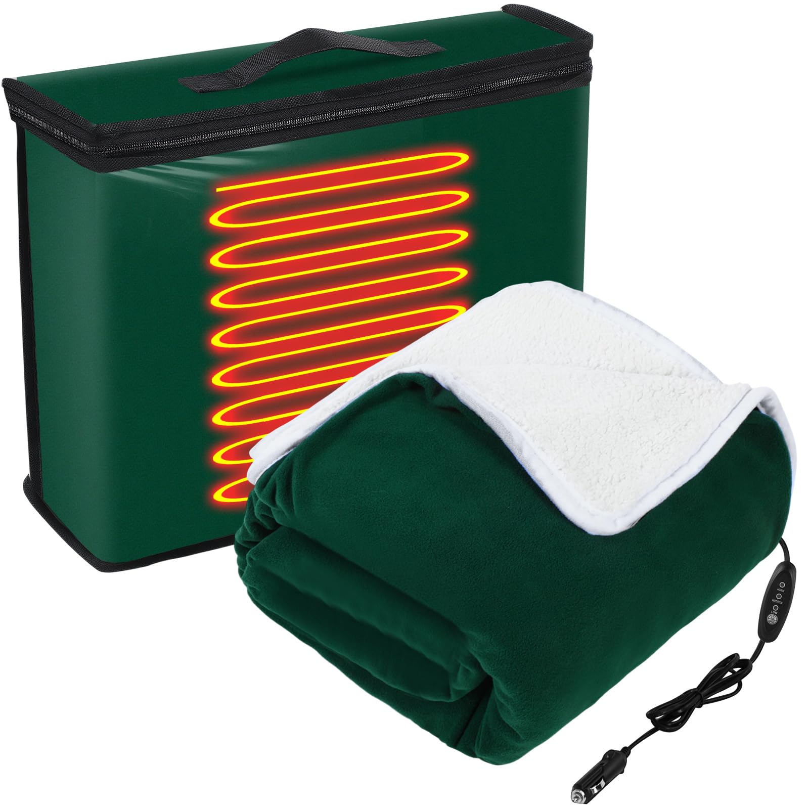 Riakrum 12v Heated Car Blanket 58" x 43", Dark Green, Solid