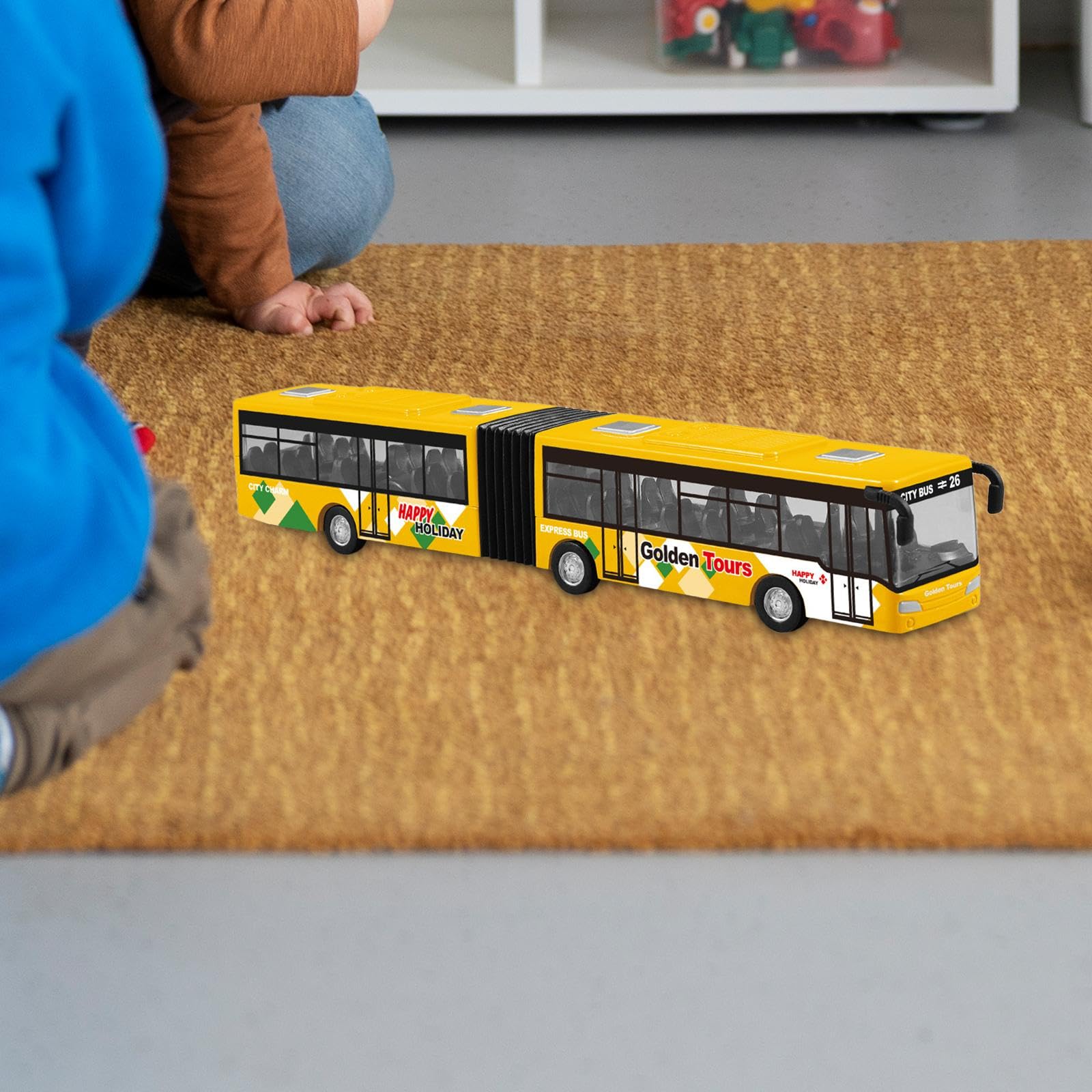 Pull Back Gelenkbus Diecast Fahrzeug Aus Metall mit Detailgetreuen Sitzen für Kinder für Sammeln Dekoration Rollenspiele, Orange