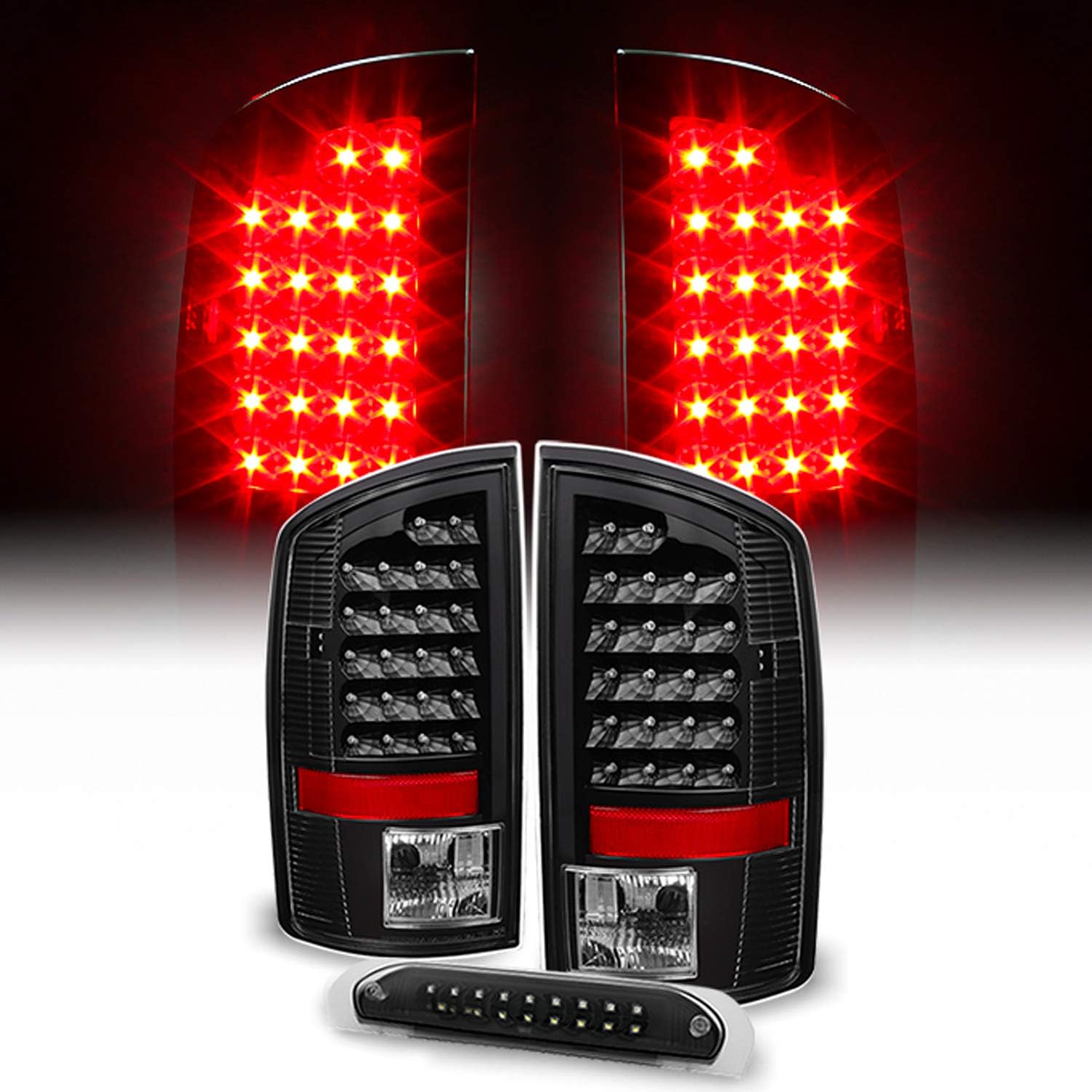 AKKON - For Black 07-08 Dodge Ram 1500 07-09 Ram 2500 3500 Truck LED Tail Lights + 3rd Brake Lights Cargo Lamp