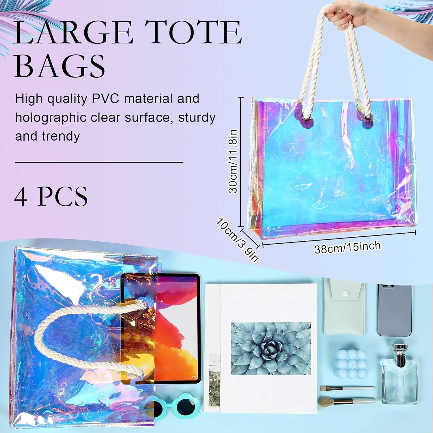 4 Pcs Large Holographic Clear Tote Bag Iridescent PVC with Rope Handles 11.8x15x4'' Stadium Approved Bag Waterproof Handbags for Concert Bridal Shower Bachelorette Party Wedding Gym Travel Beach - Image 2