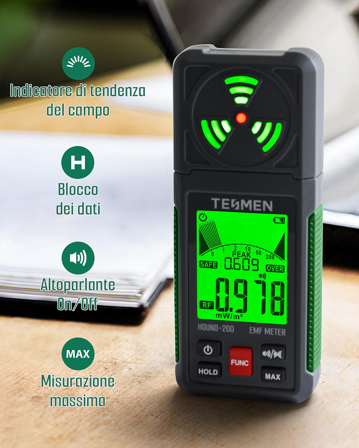 TESMEN Hound-200 Misuratore EMF, Rilevatore di Radiazioni del Campo Elettromagnetico Portatile 3-in-1 per EF RF MF, utilizzato per ispezioni EMF domestiche ed esterne e caccia ai fantasmi - Verde