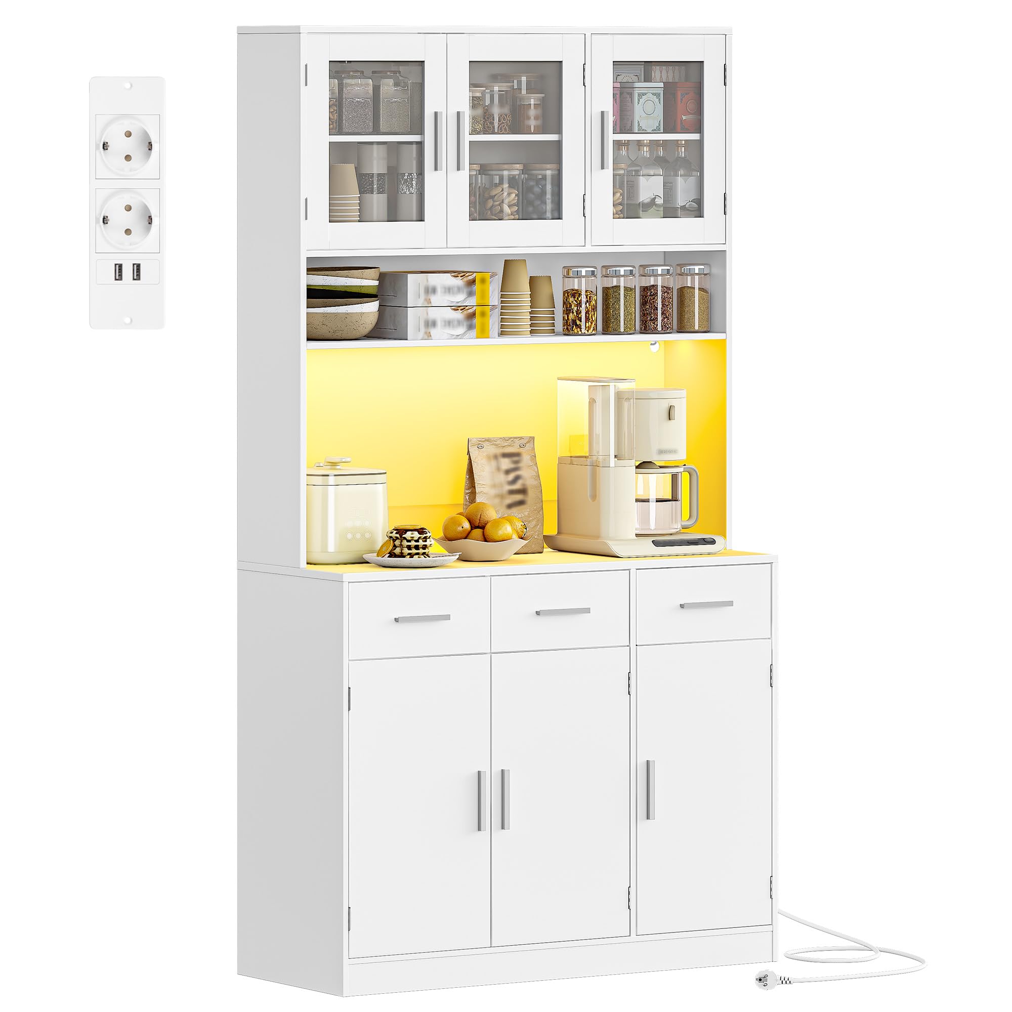 Hzuaneri Buffetschrank, Küchenschrank mit 3 Schubladen, Hochschrank | mit Steckdosenleiste und LED, 3 Schranktüren mit Glasfront, Küche, Wohnzimmer, 40 x 100 x 190 cm, Weiß, PT10103XEU