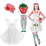 GANSHAYA 4 Pcs Halloween Strawberry Cake Costume Strawberry Hat Bonnet Apron Thigh High Socks Bag for Halloween Party Cosplay Dress Up