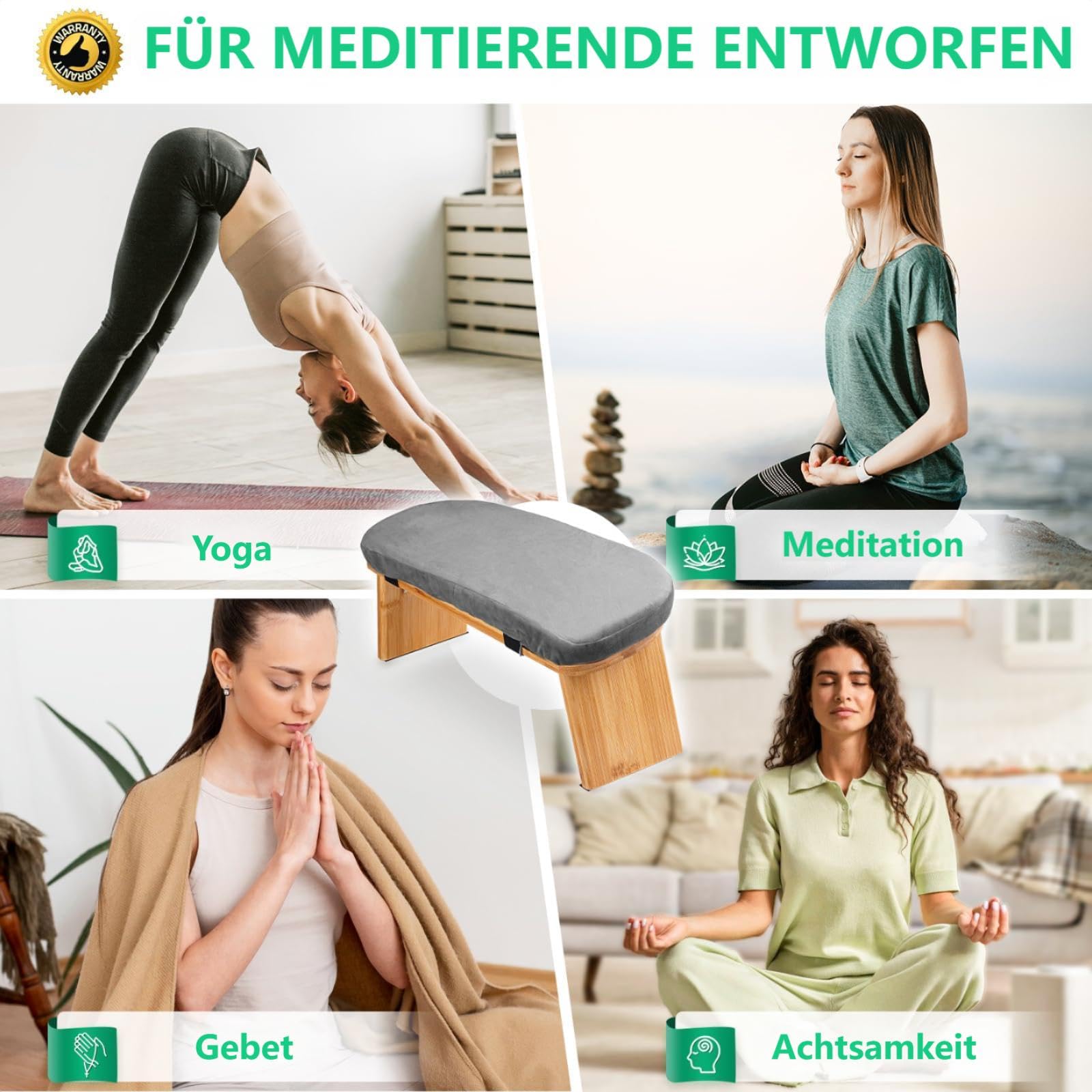 Hihealer Meditationsbank – Klappbare Ergonomische Bambus-Meditationsbank mit Bequemem Kissen, zum Knien oder Sitzen, Ideal für Meditation und Gebet, Einzigartige Frauen