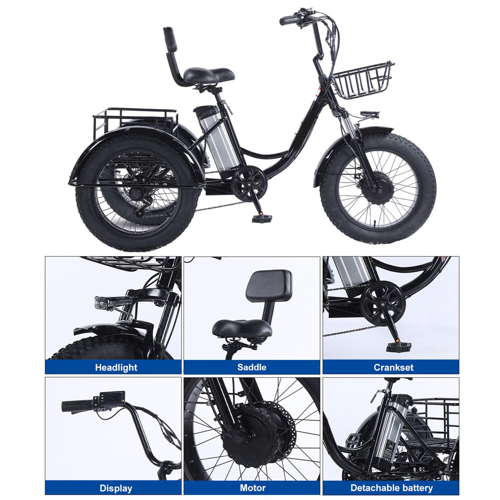 Tricycle Cargo électrique Utilitaire pour Adultes Seniors, 20 Pouces, 6 Vitesses, Batterie Amovible 48 V 13 Ah, autonomie de 40 km, Grands paniers Avant et arrière, écran LCD