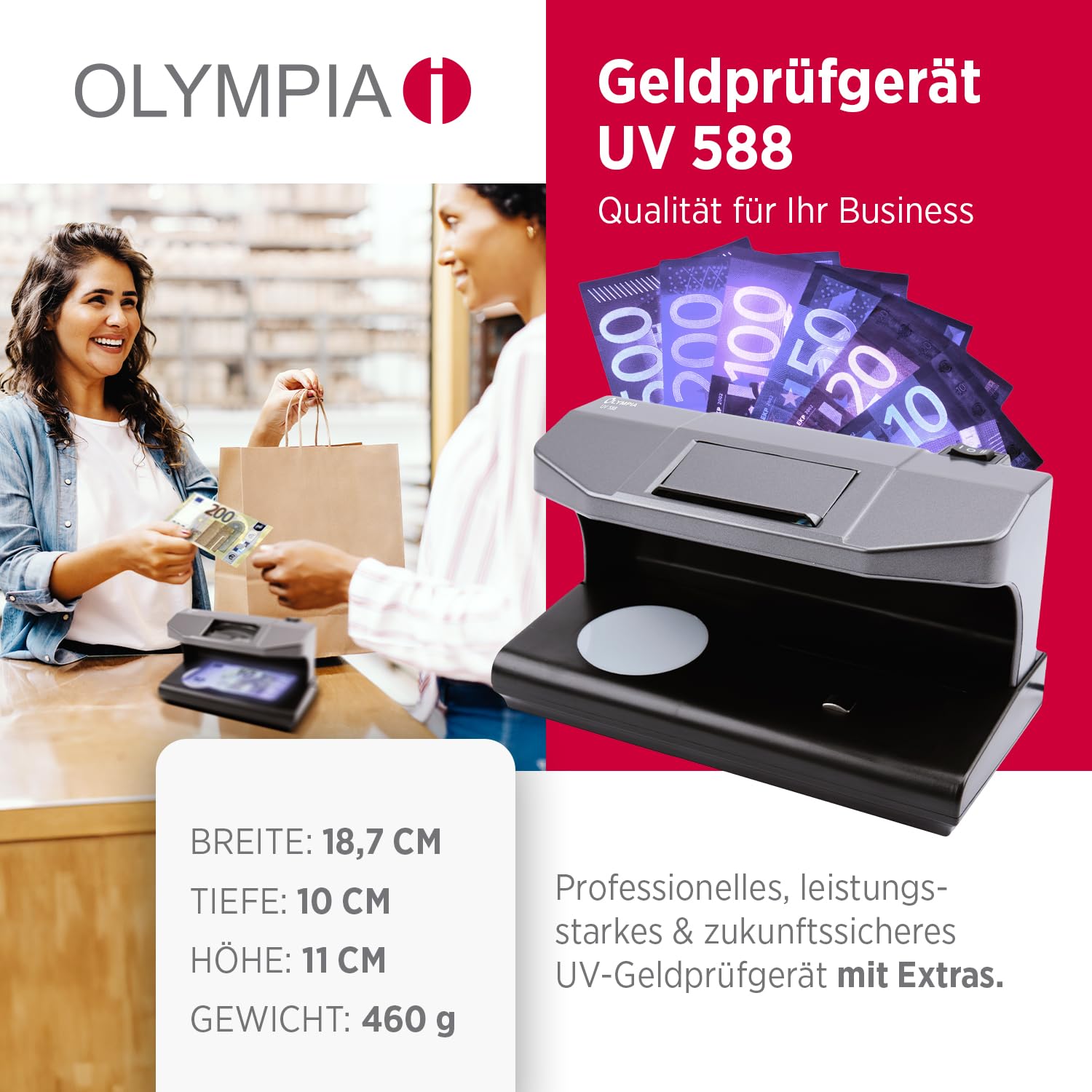 Olympia UV 588 Geldscheinprüfgerät | UV-Lampe | Falschgeld Prüfer mit Magnetsensor | Geldprüfgerät für Banknoten | Falschgelderkennung | Banknotenprüfer LED-Technologie | Geldprüfmaschine Geldscheine
