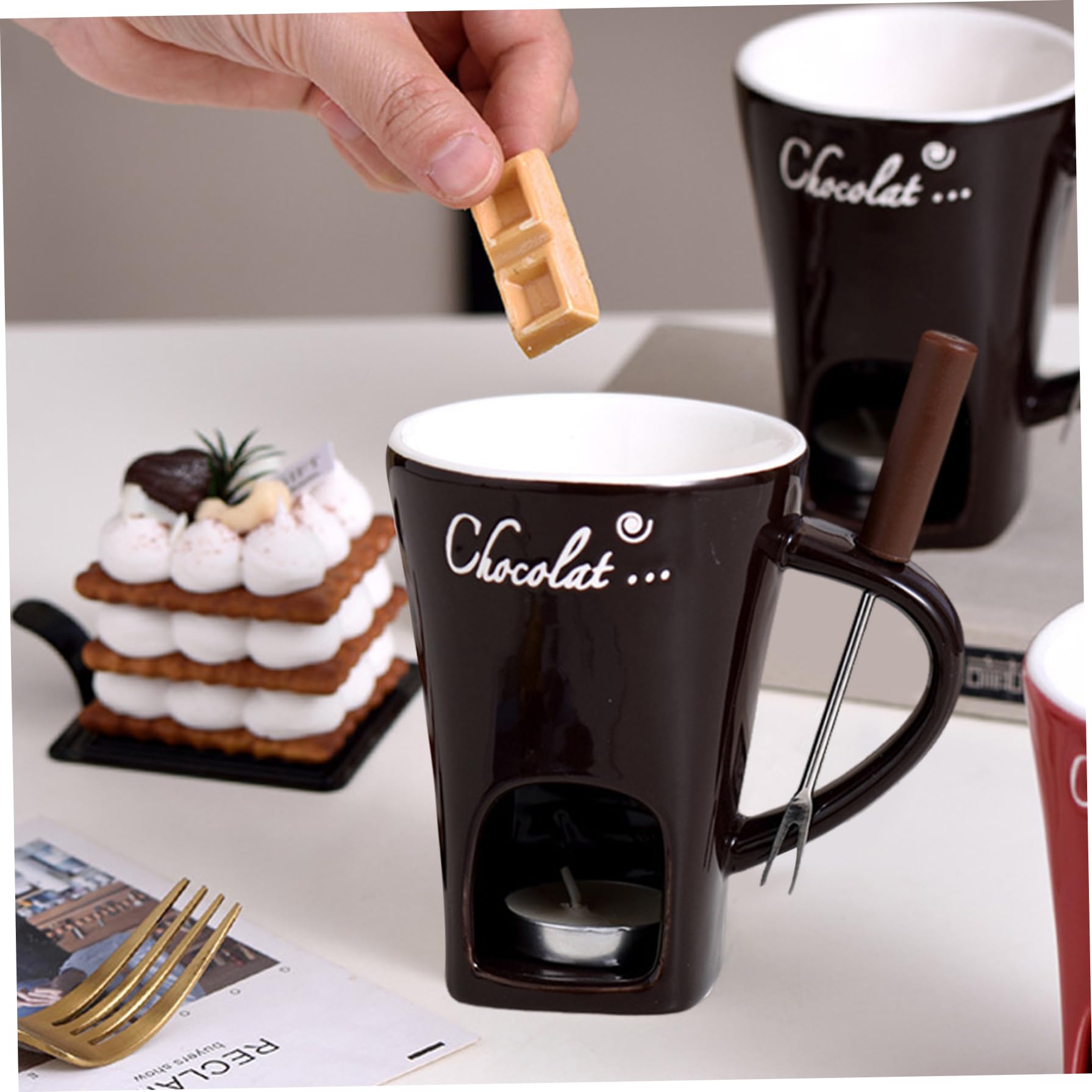 QingxingFa Lot De 2 Tasses À Fondue Au Chocolat Avec Fourchettes, Tasse À Chocolat Personnelle En Céramique Pour Fromage, Tasse À Chocolat Fondant, Tasse À Fondue Au Chocolat (Blanc