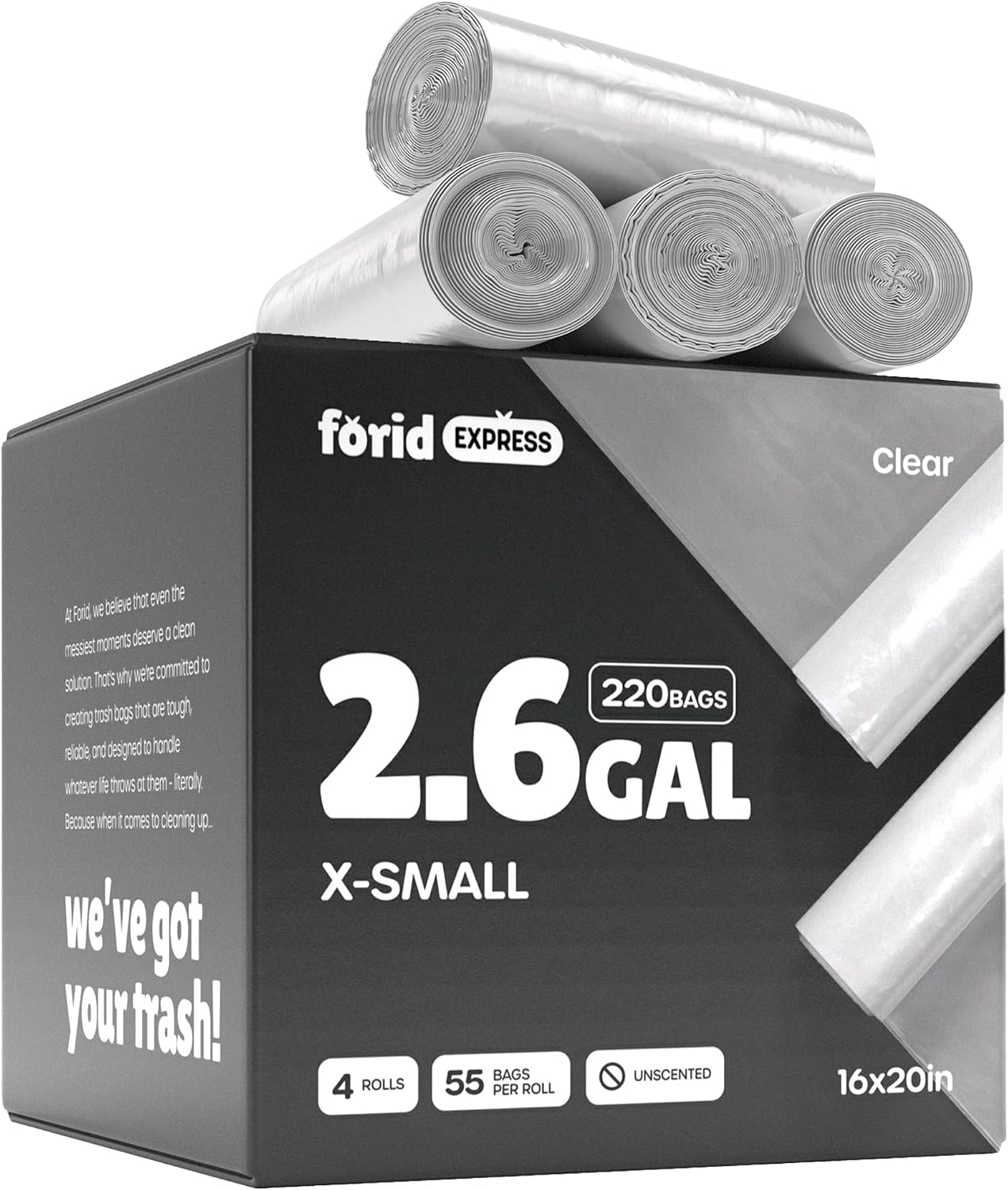 FORID Clear Small Trash Bags, 2.6 Gallon Garbage Bags, Wastebasket Bin Liners 220 Count Plastic Trash Bags for Bathroom Bedroom Office Garbage Can 10 Liters - Durable & Thick Trash Bag
