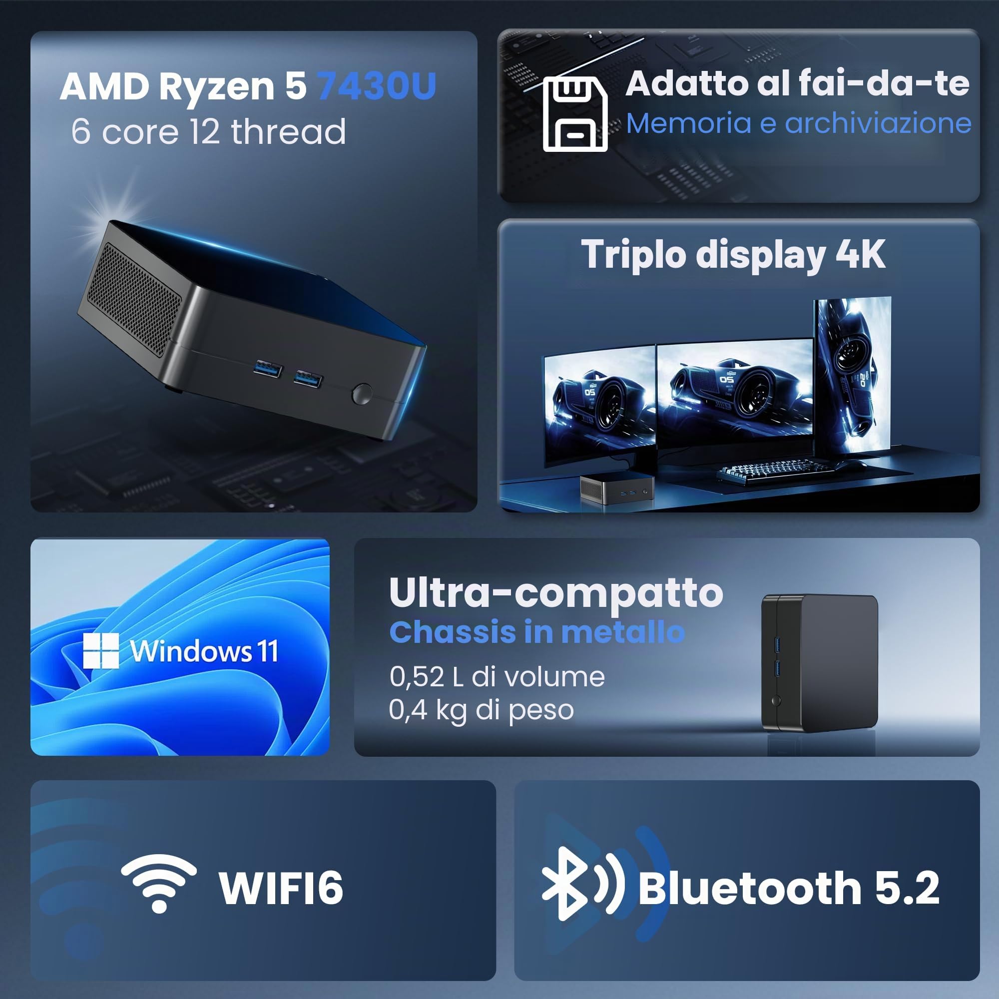 Mini PC, Ryzen 5 7430U (6C/12T 4,3 GHz) 8 GB DDR4 256 GB SSD, Windows 11 Pro/WiFi 6/BT-5.2/USB*4/Type-C (4K @ 60Hz~8K @ 30Hz)/HDMI*2 (4K @ 60Hz) 3 uscite video