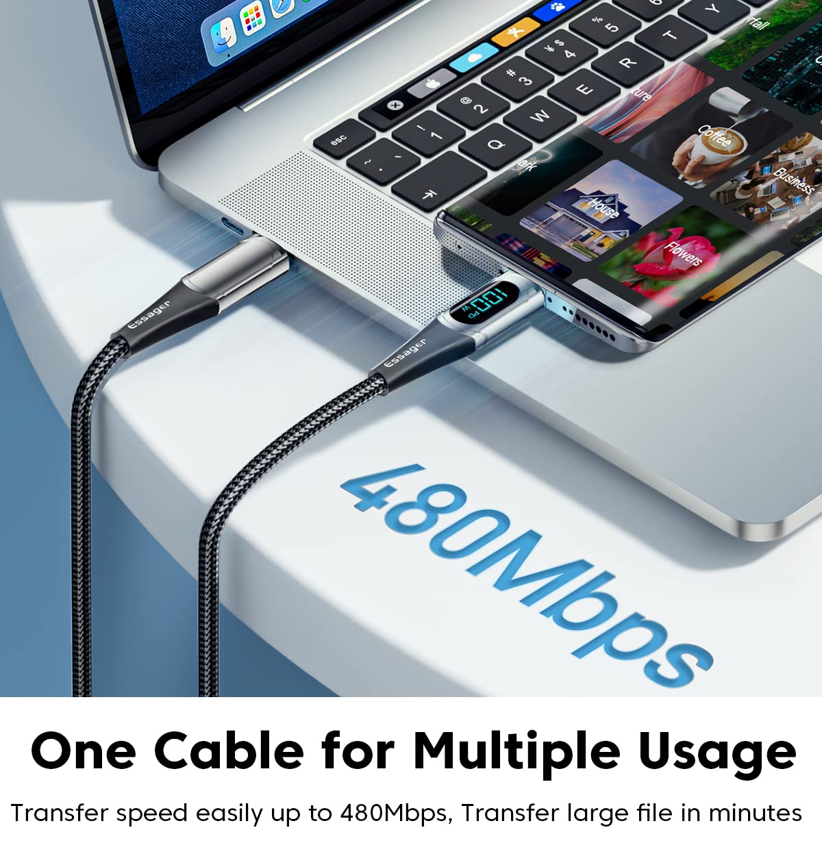 ESSAGER Cavo da USB C a USB C 2 Pezzi PD 100W 5A QC3.0 Cavo di Ricarica Rapida 1M con Display a LED Cavo di Ricarica di Tipo C Nero per MacBook Pro/Air Samsung Galaxy Dell Pixel XPS Huawei(1M*2 Pezzi)
