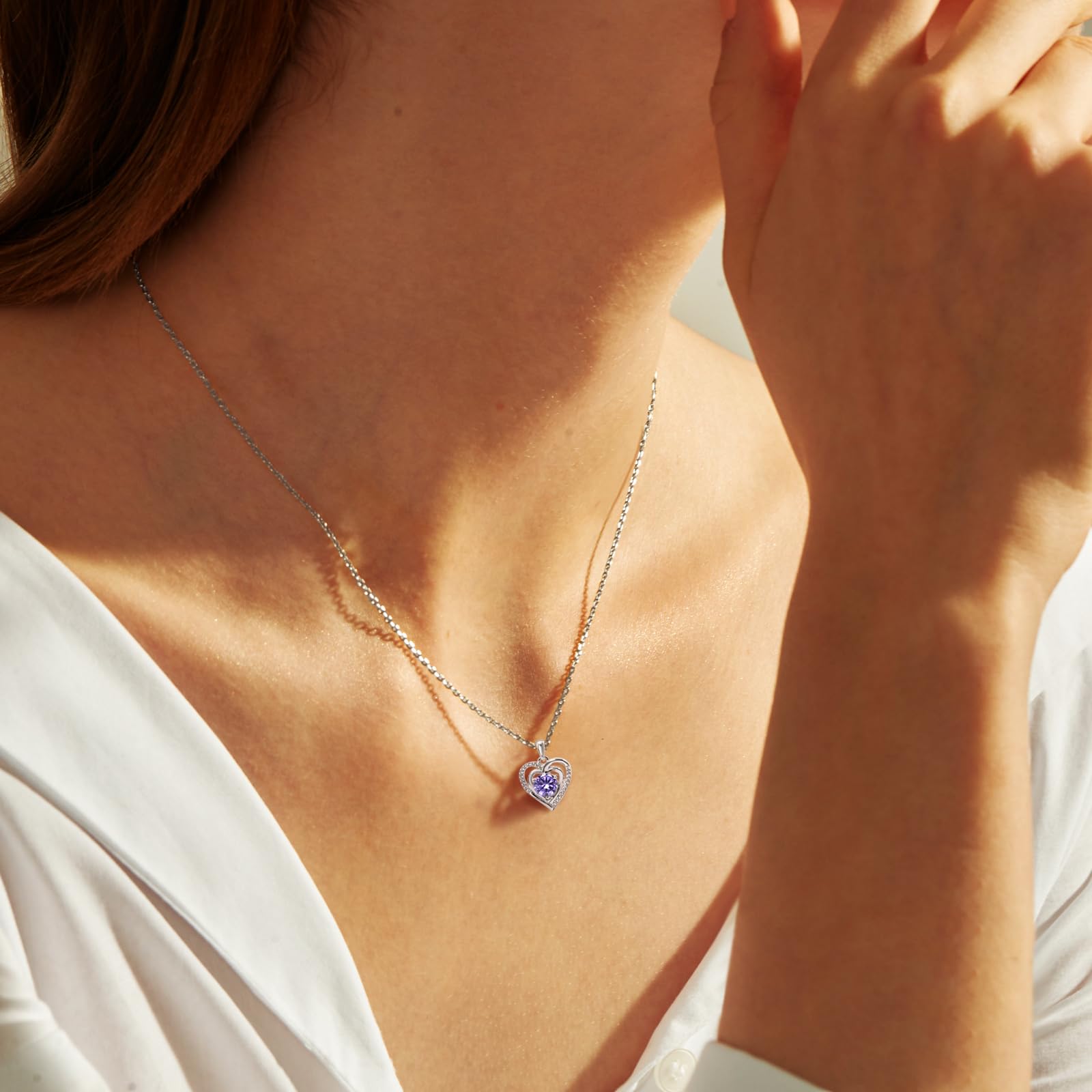 immobird Halskette Damen Geburtsstein Kette 925 Sterling Silber Herz Anhänger Halskette für Frauen Klassisch Schmuck Geschenk für Damen Freundin