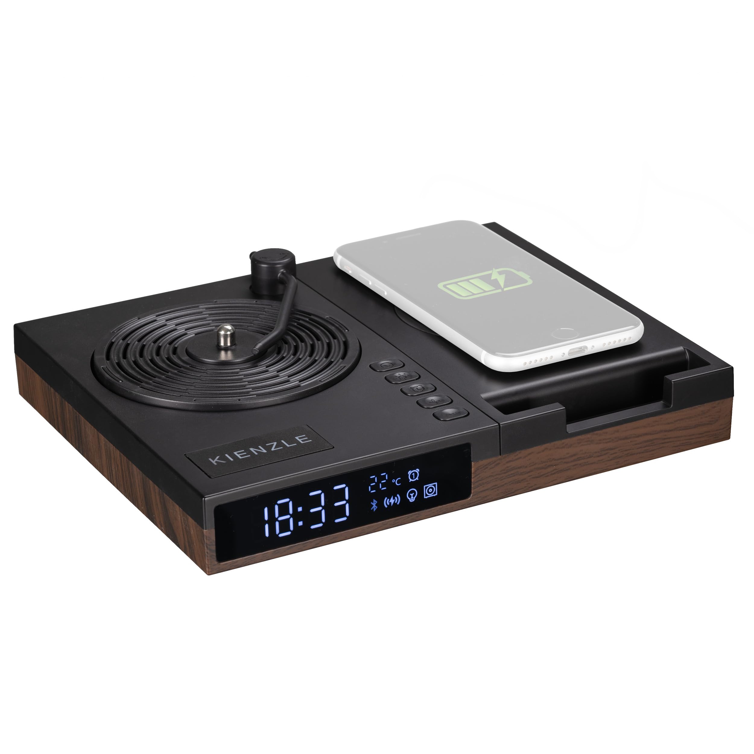 Kienzle Despertador Retro con Altavoz Bluetooth y Carga inalámbrica 15 W | Diseño de tocadiscos, temperatura, dos alarmas, luz ambiental con tres niveles de brillo, soporte para móvil, adaptador