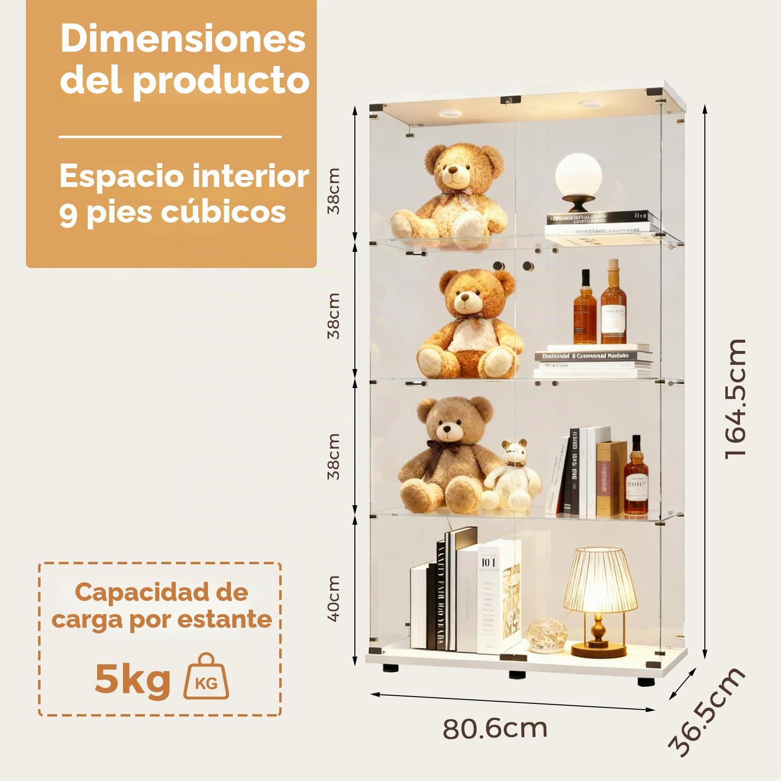 Vitrina de cristal con iluminación LED, vitrina de 4 pisos con puertas dobles, vitrina de colección, cerradura para salón, oficina, comedor y dormitorio, vitrina de cristal (blanco)
