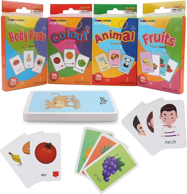 leyun Kids Flash Cards Set Flash Cards for Children Early Learning Flash Cards Flash Cards for Toddlers Age 2-4 Baby Cards for Toddlers 1 2 3 4 years 4 Pack-144pcs Animals Fruits Body Parts & Colors
