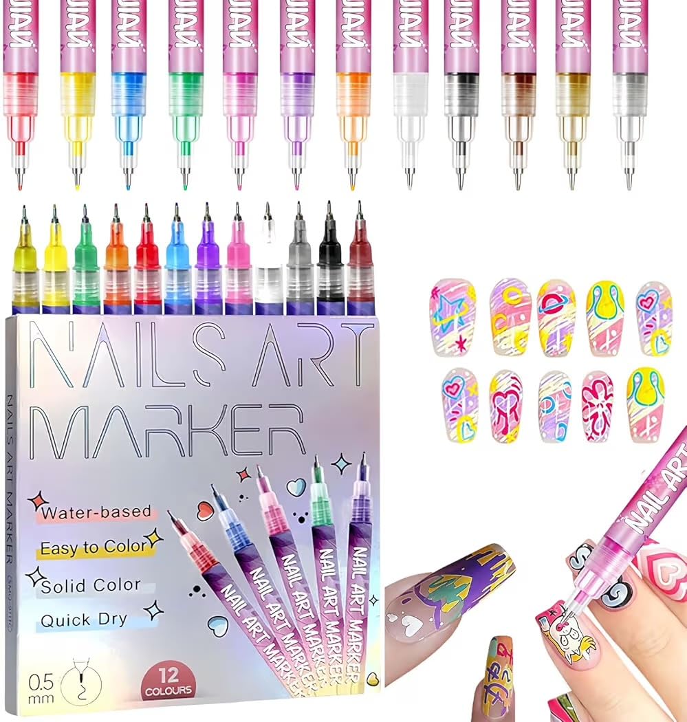 12 Colors Nail Art Markers, 0.5mm Fine Tip Acrylic Paint Pens for 3D Nail Art, Water-Based Quick Dry Doodle Pens for DIY Manicure & Nail Design-image-45