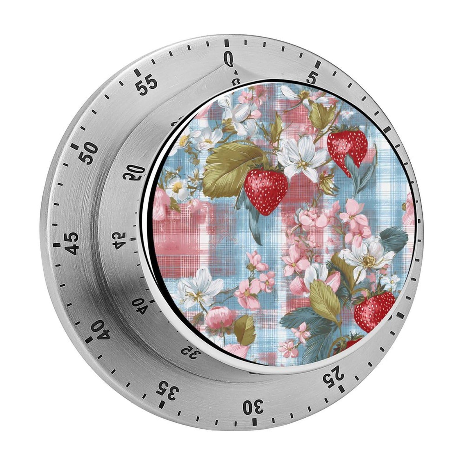 Strawberry Gingham Floral Pattern Mechanical Timer with Alarm for Kitchen Cooking Productivity Stainless Steel Timers