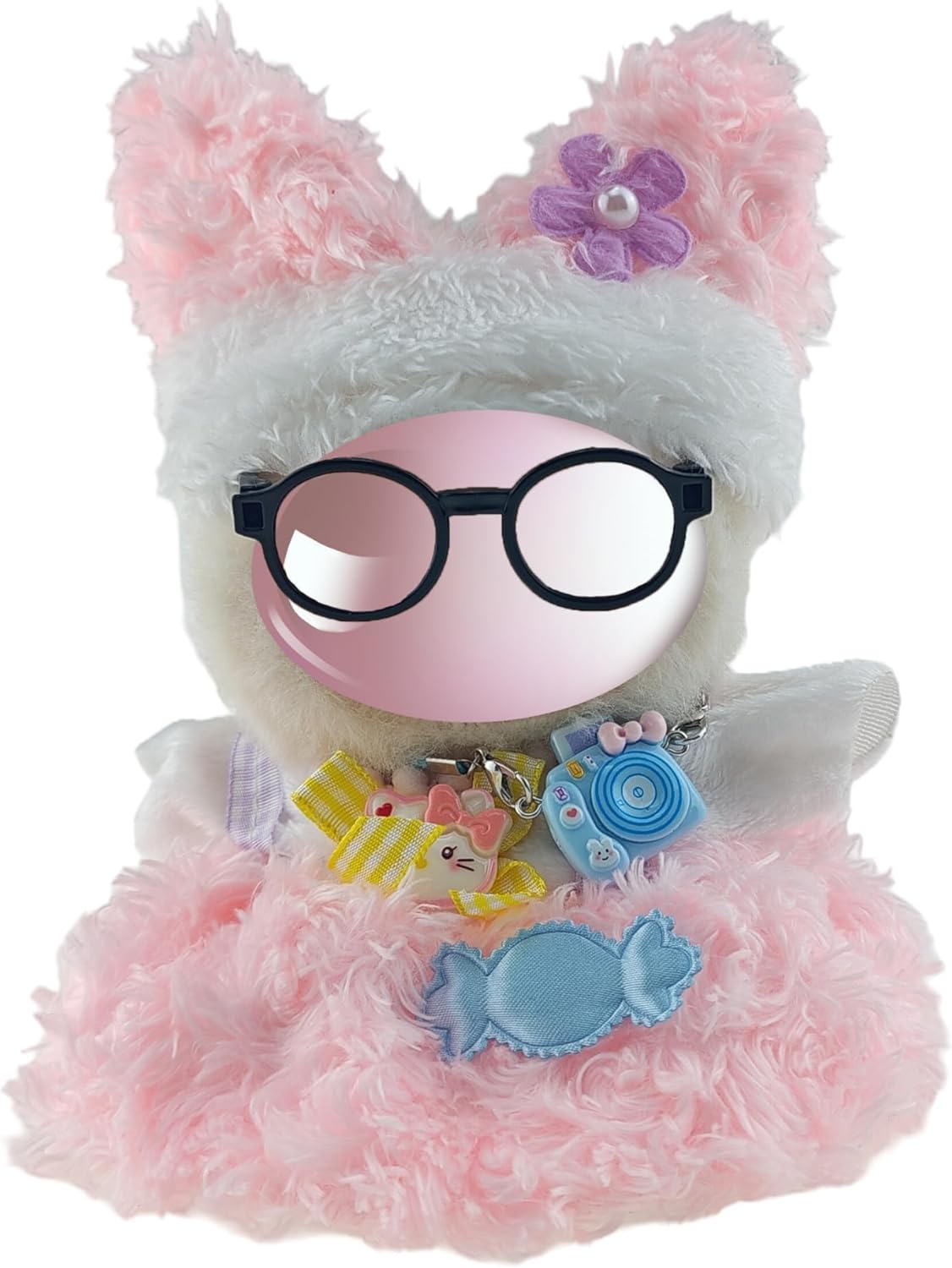 Plush Pink Dress Outfit with Glasses and Accessories for Labubu(no Doll) (Pink) 17cm/15cm Doll Clothes Set