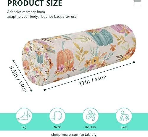 Miniatura 2 de JUNZAN Watercolour Floral Pumpkin Long Bolster Pillow for Bed Neck Roll Pillows for Bed Round Pillow Throw for Neck Pillow Covers with Zipper Small