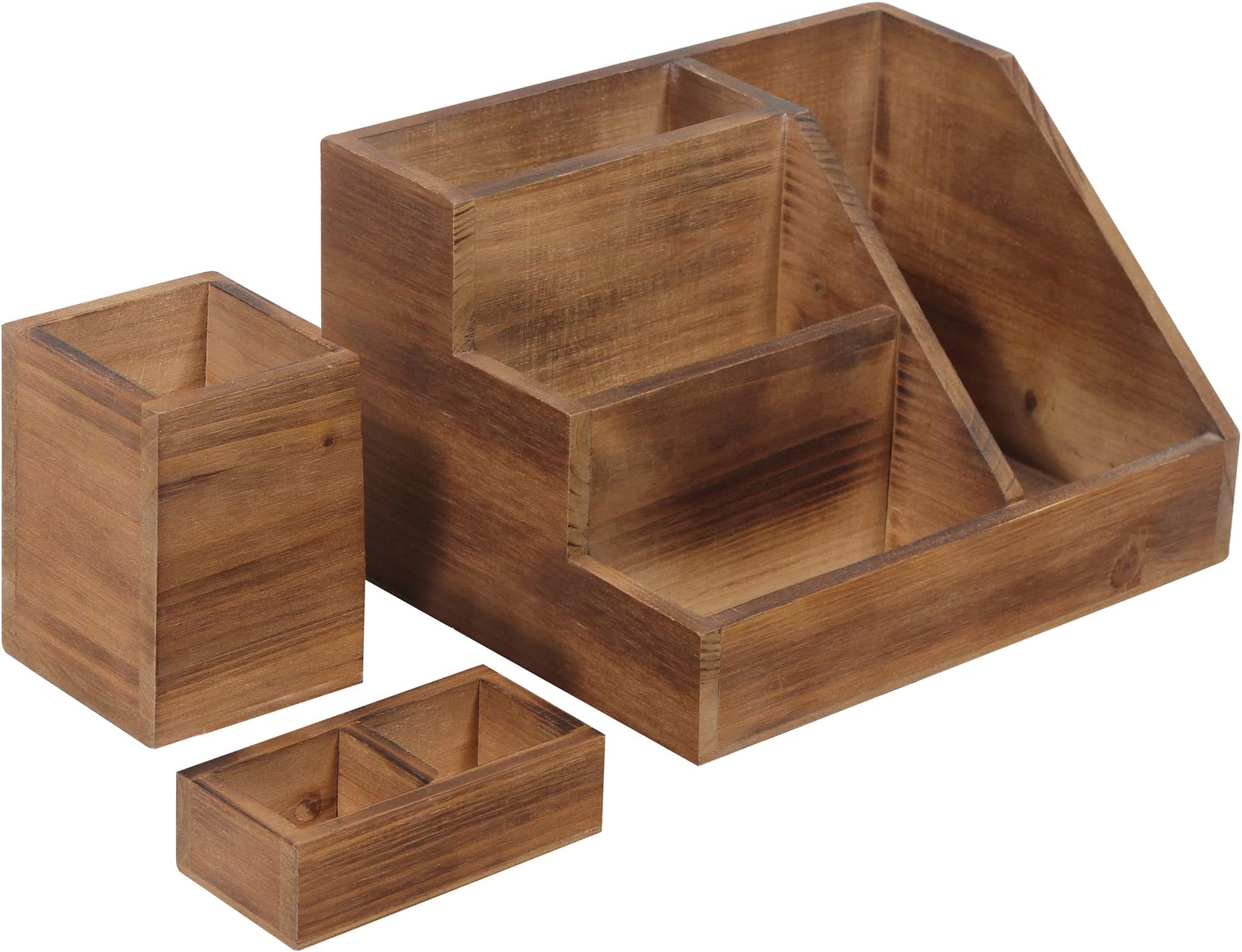 HBCY Creations Rustic 3-Piece Desk Organiser Set - Brown - For Stationery, Letters, & Mail - Storage for Home & Office Supplies with Pen Holder Cup & Holding Tray - Pine Wood