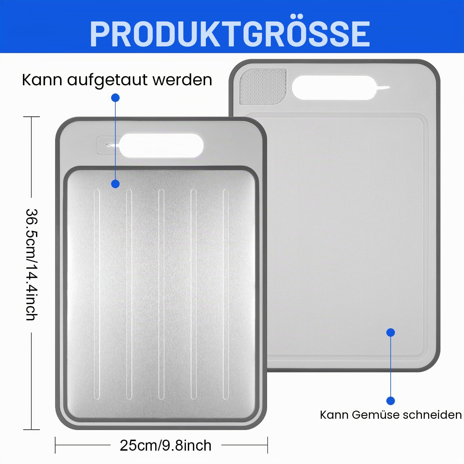 4 in 1 Miracle Melt Auftaubrett, Auftauplatte, doppelseitig als Schneidebrett mit Reibe, Schärfer, schnelles Auftauen von Tiefkühlkost & Fleisch, 36 x 24 cm, Grau
