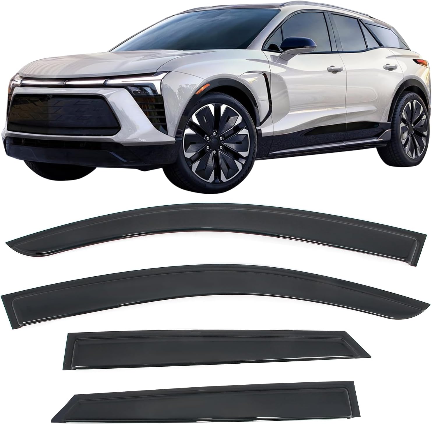 IKON MOTORSPORTS Tape on Window Visors Compatible with 2024-2026 Chevrolet Blazer EV, Slim Style Acrylic Smoke Tinted Rain Guards, 4PCS Side Window Wind Deflectors