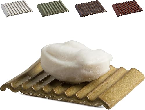 Jabonera para encimera con autodrenaje, soporte de cerámica para lavabo, ahorrador de jabón japonés para baño con autodrenaje, amarillo