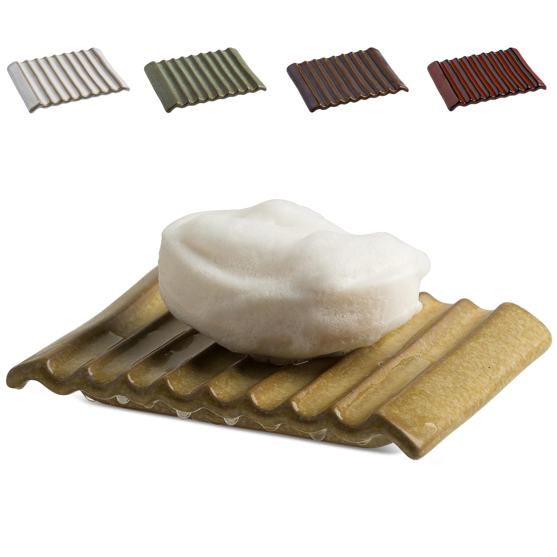 Soap Dish for Countertop with Self Drain, Ceramic Bar Soap Holder for Sink Japanese Soap Saver for Bathroom with Self Drain, Yellow