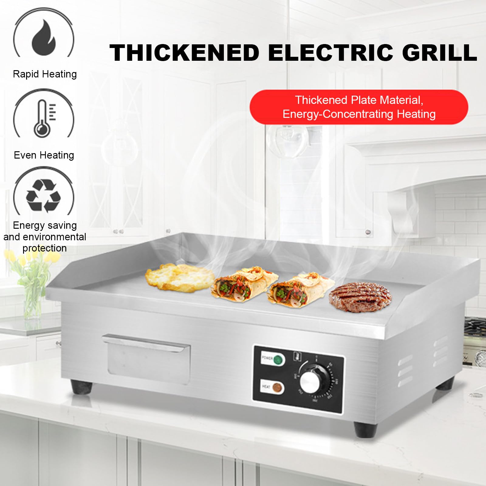 Piastra Elettrica Commerciale, Plancha Professionale 3000W in Acciaio Inox, Riscaldamento Uniforme, Temperatura di 0-300ºC, per Ristoranti Luoghi Pubblici 66 * 47 * 22CM
