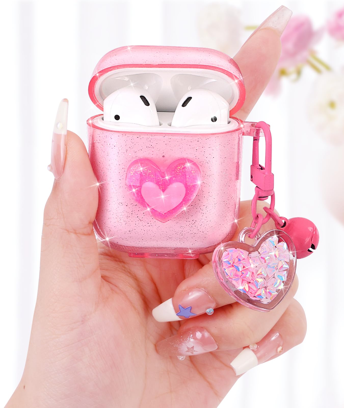 Boaretiu for Airpods 2/1 Case for Women Girls Girly Cute Kawaii - Girlish Stylish Shell Heart Design Cover with Carabiner and for Air pods 2nd/1st