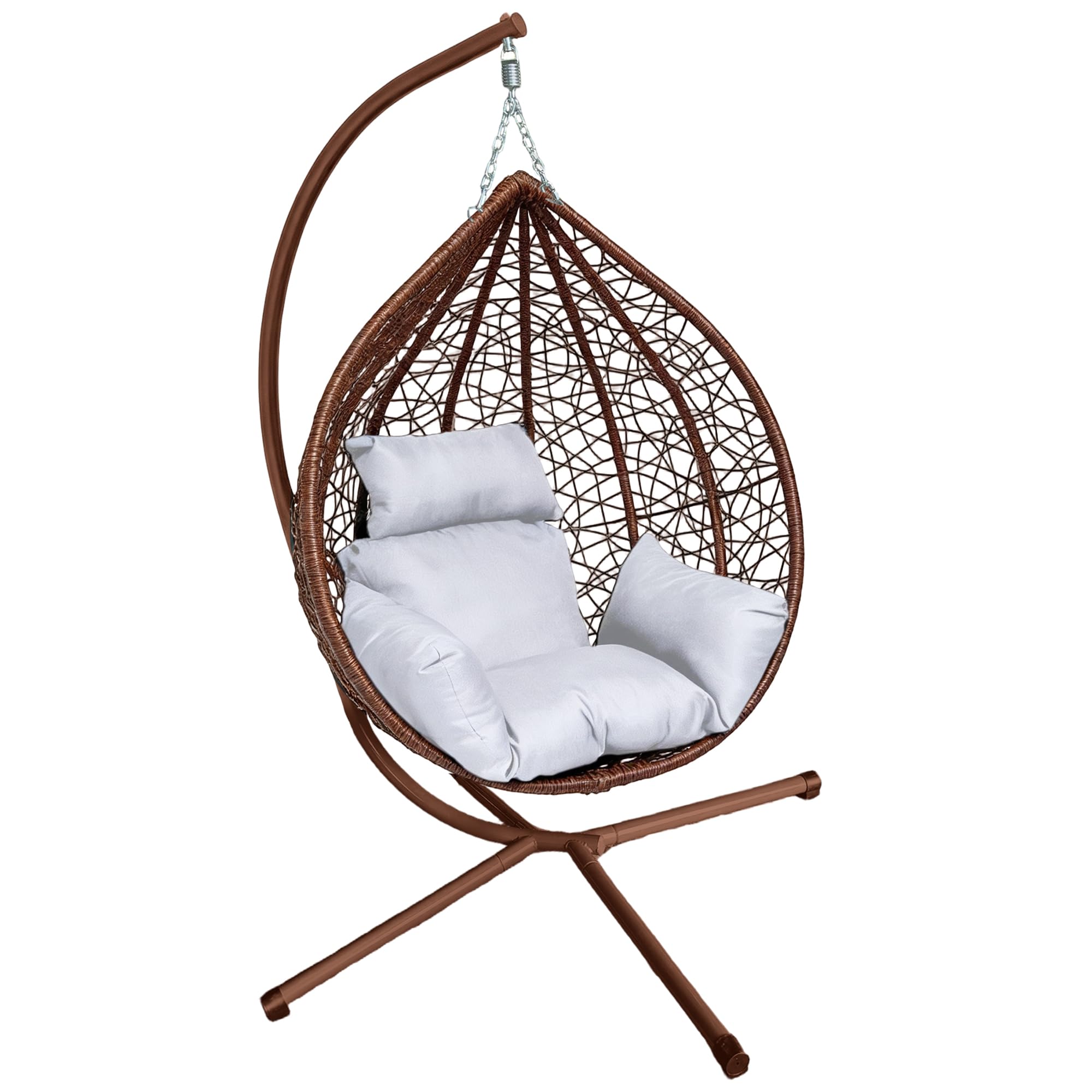 Garden Swing Egg Chair Seat Rattan Hanging Hammock with Cushions Stand Outdoor Indoor Furniture (Brown Egg Chair & White Cushion-Four cornered)