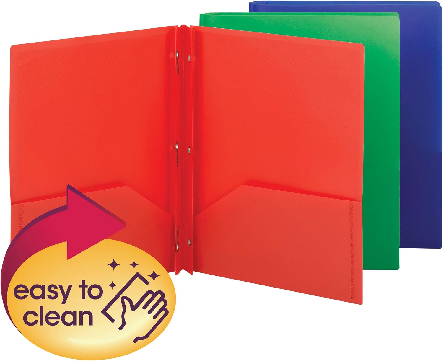 Smead Plastic 2 Pocket Folders with Pockets & Prongs, Red Blue Green 3 Pack image 3