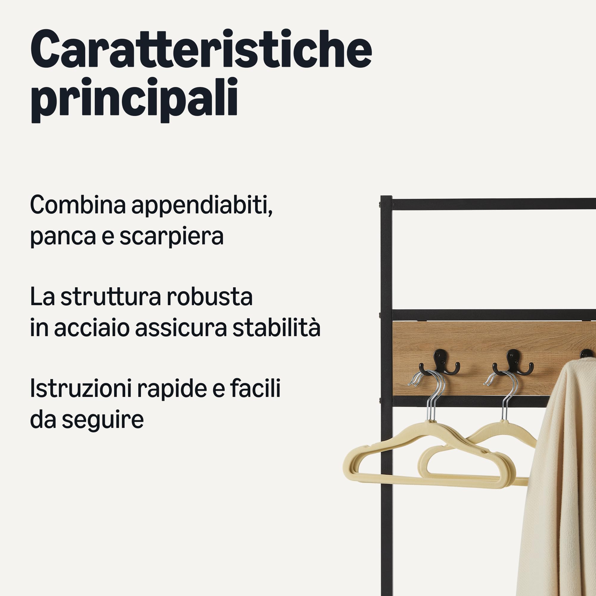 Amazon Basics Panca da Ingresso con Ganci, Appendiabiti, Attaccapanni, Mobile da Ingresso con Ripostiglio per Scarpe, 34cm x 72cm x 182cm, Quercia