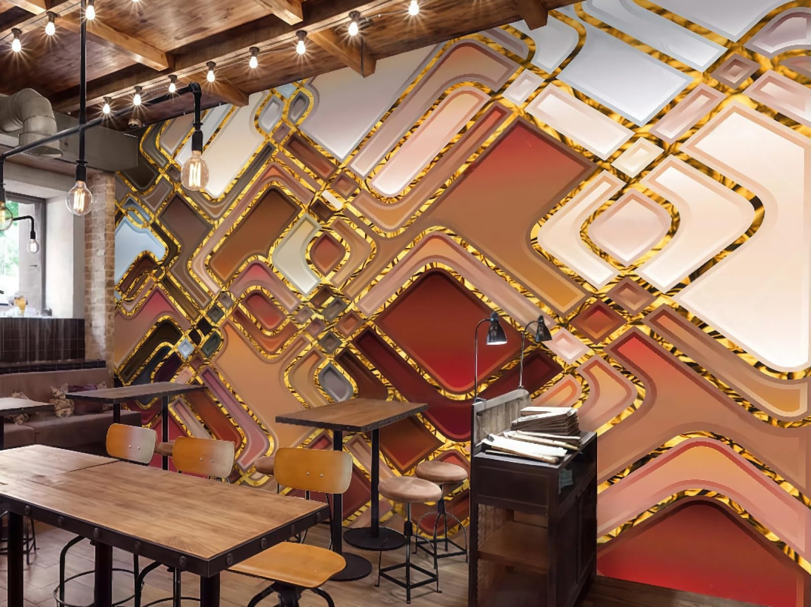 Rskjdghshd 3D Wallpaper Fashion Gilt Geometric Abstract Square Splicing Bar Western Restaurant Background Wall Mural Afternoon Tea Coffee Shop Wallpaper,,200X140cm