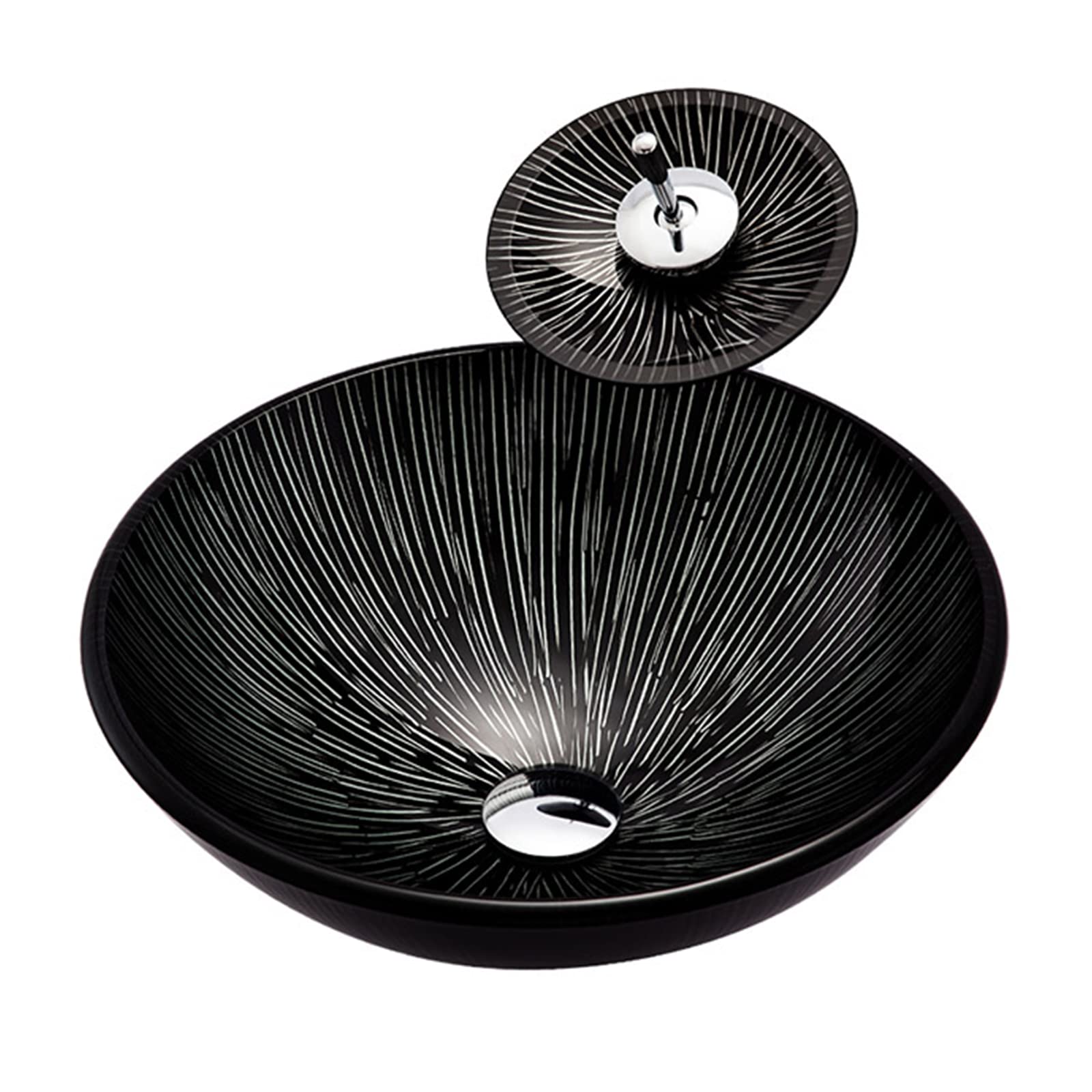 ASerZenith Bathroom Vessel Sink, Black Tempered Glass Vessel Sink, Round Artistic Countertop Vessel Sink With Waterfall Faucet And Pop-Up Drain