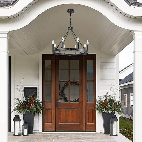 Miniatura 8 de Candelabro de 8 luces con ruedas de carro, 23.6 pulgadas, rústico de granja, iluminación colgante redonda industrial vintage para comedor, cocina,