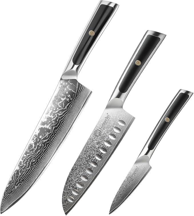 Sunnecko Chef Knife 8 Inch, Santoku Knife 7 Inch, Paring Knife 3.5 Inch 67-layers Damascus Steel