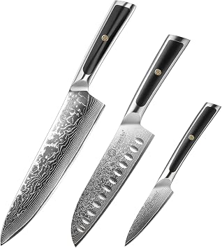 Sunnecko Chef Knife 8 Inch, Santoku Knife 7 Inch, Paring Knife 3.5 Inch 67-layers Damascus Steel
