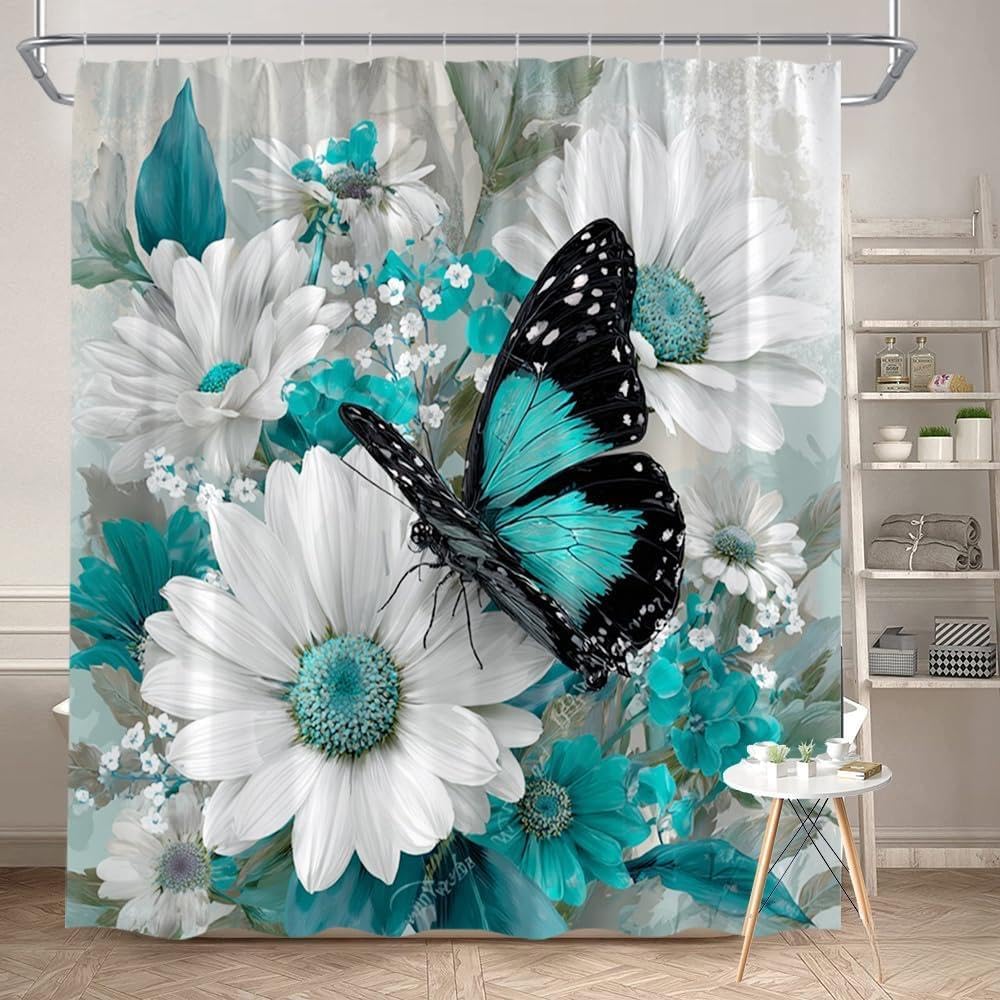 Glwdmb E-14 1 Piece 180X180cm White Daisy And Turquoise Butterfly Printed Shower Curtain With Hook, Polyester, For Windows And Walls, Bathtub, Bathroom, Machine Washable, All Season Universal